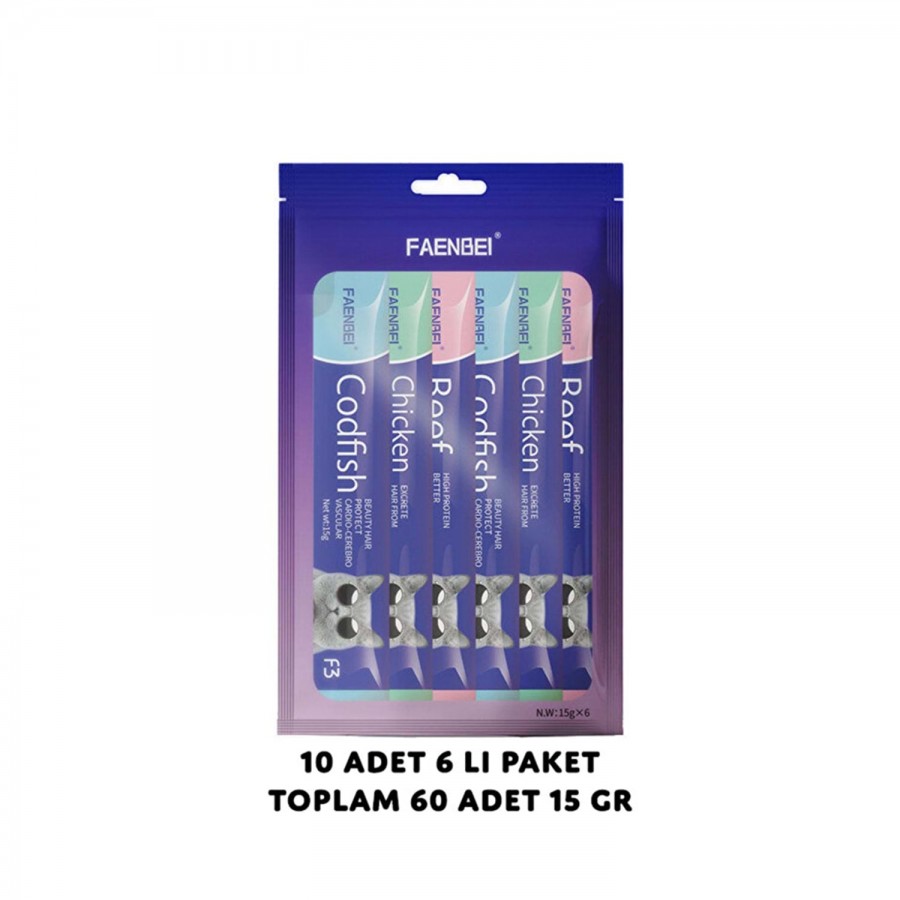 FAENBEI Kedi Ödül Krema 60 Lı Paket Üç Çeşit Tavuklu Biftek Balık 60 X 15gr