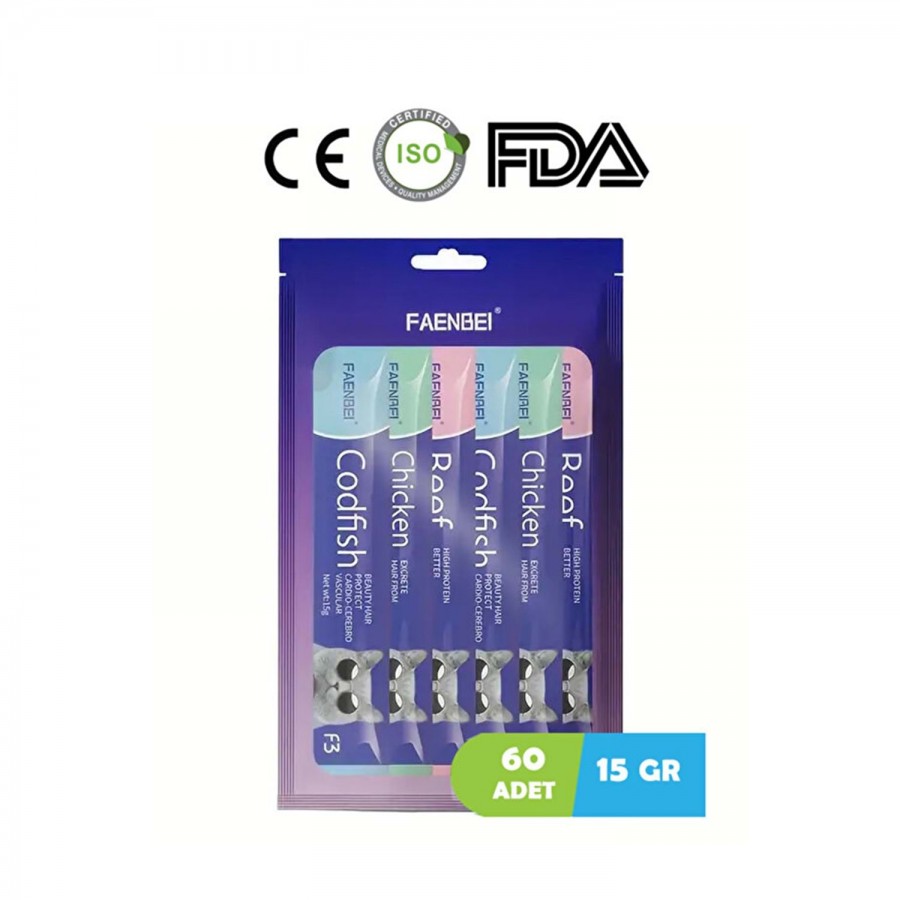 FAENBEI Kedi Ödül Krema 60 Lı Paket Üç Çeşit Tavuklu Biftek Balık 60 X 15gr